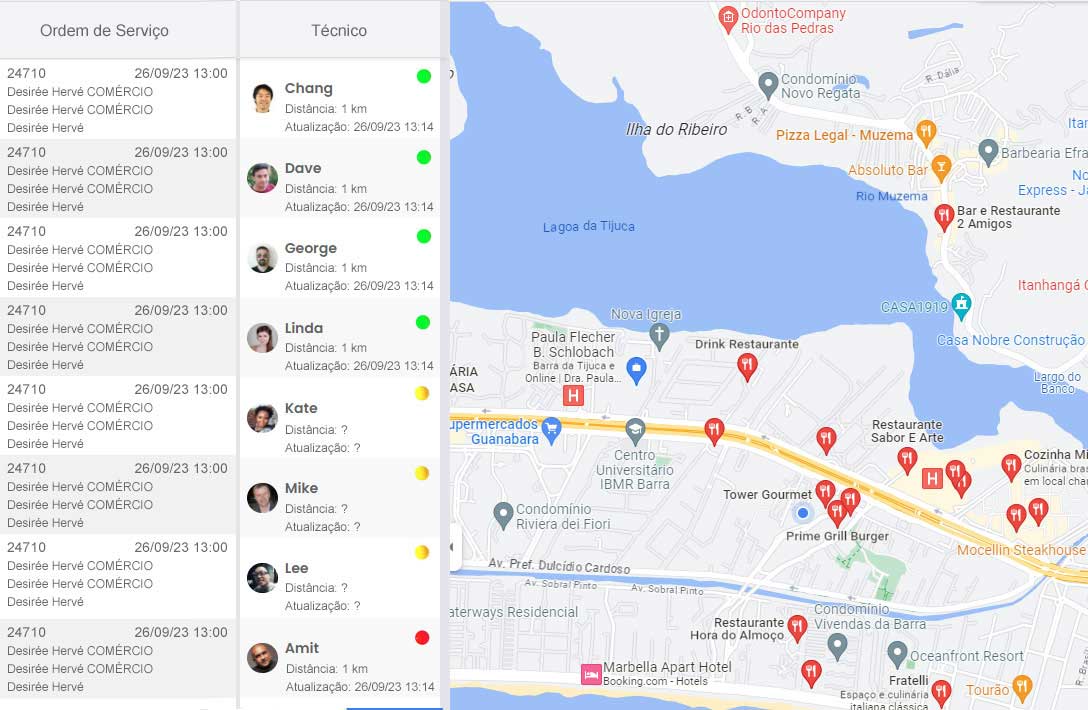Mapa de técnicos em tempo real